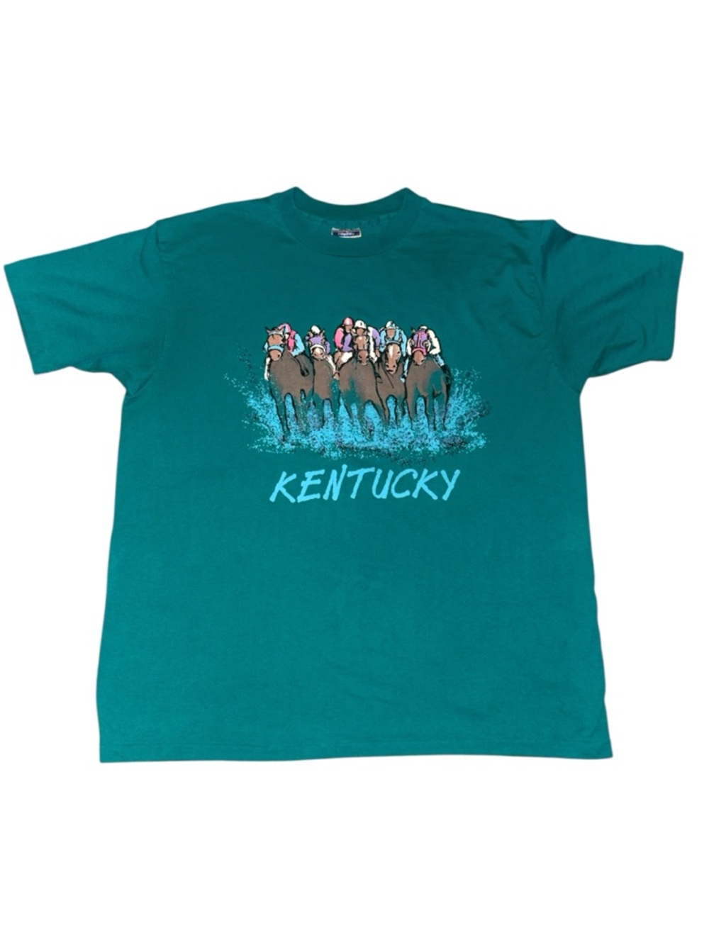 Vintage 1991 90s Kentucky Derby racing horses Hanes Teal Short Sleeve Tee XL